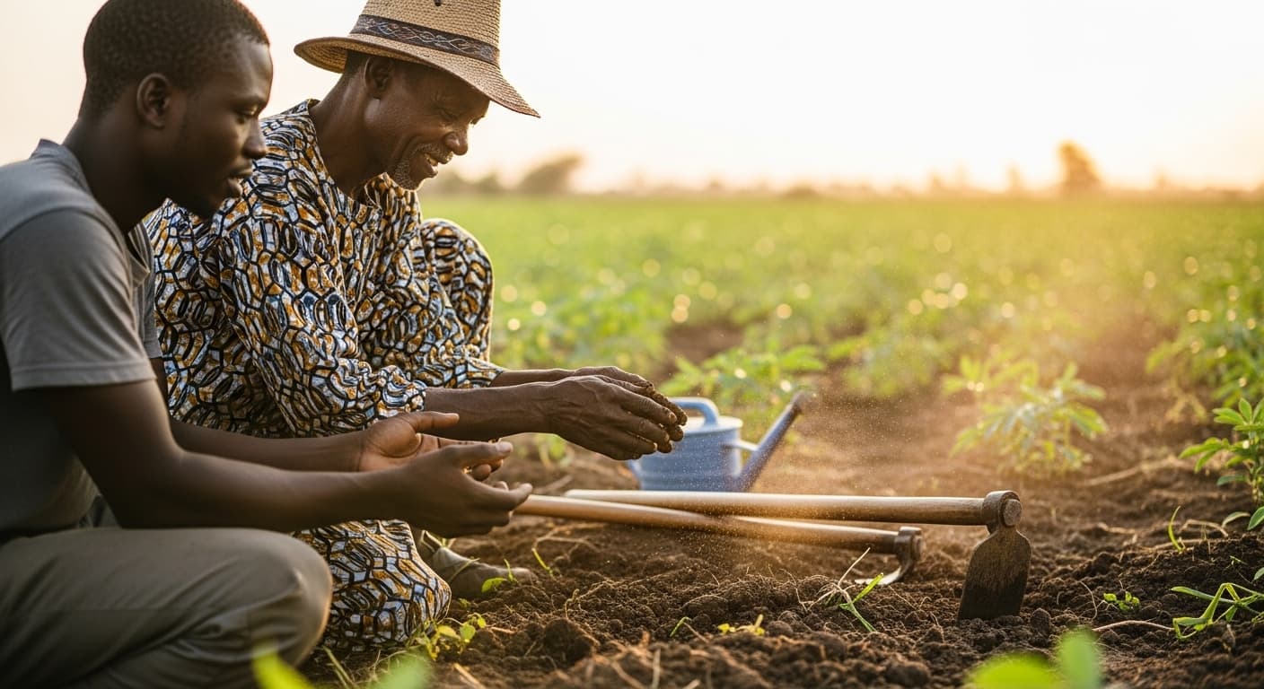 African farmer carrying fresh produce through lush green fields
