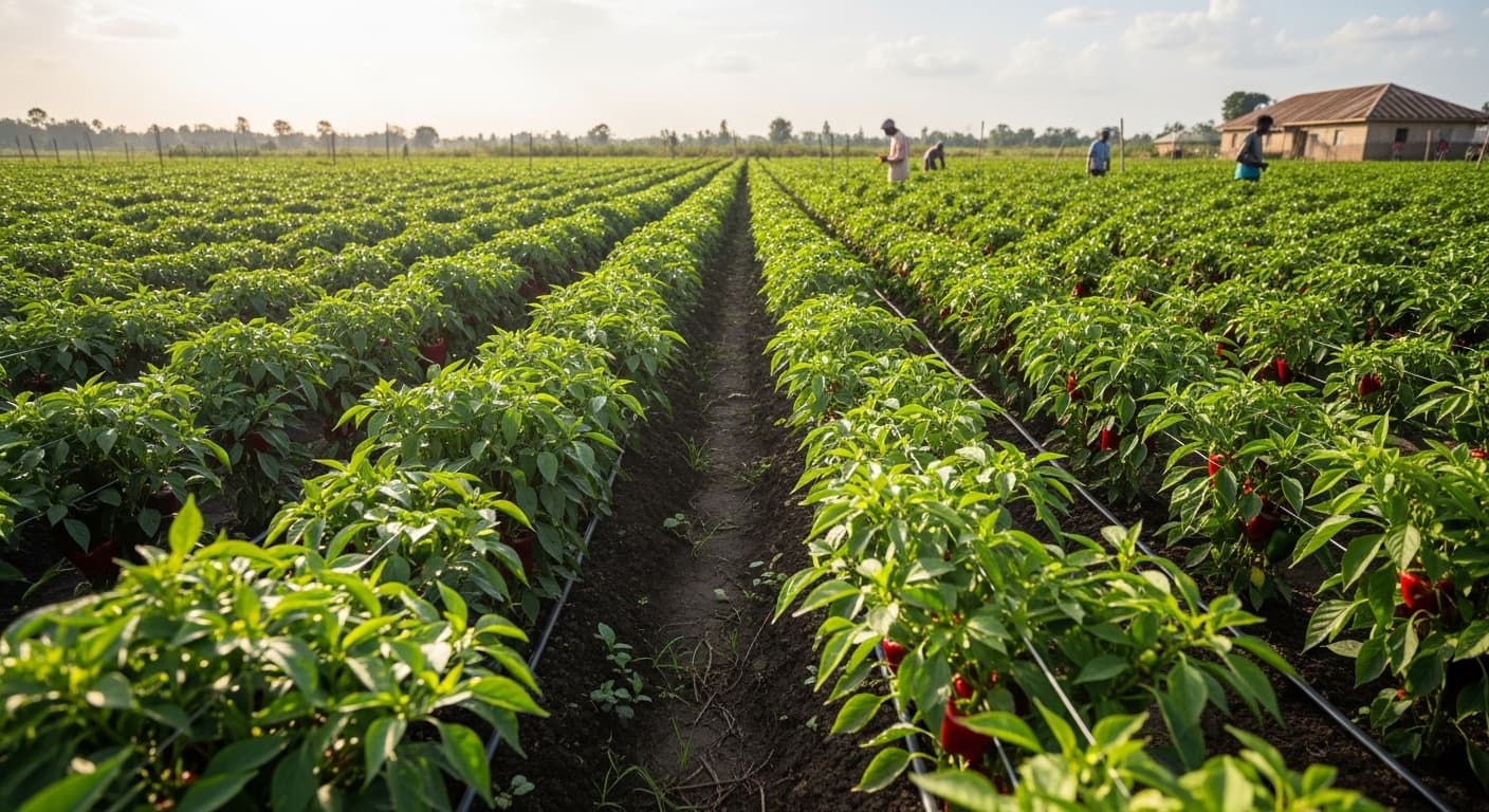 Lush green pepper field rows